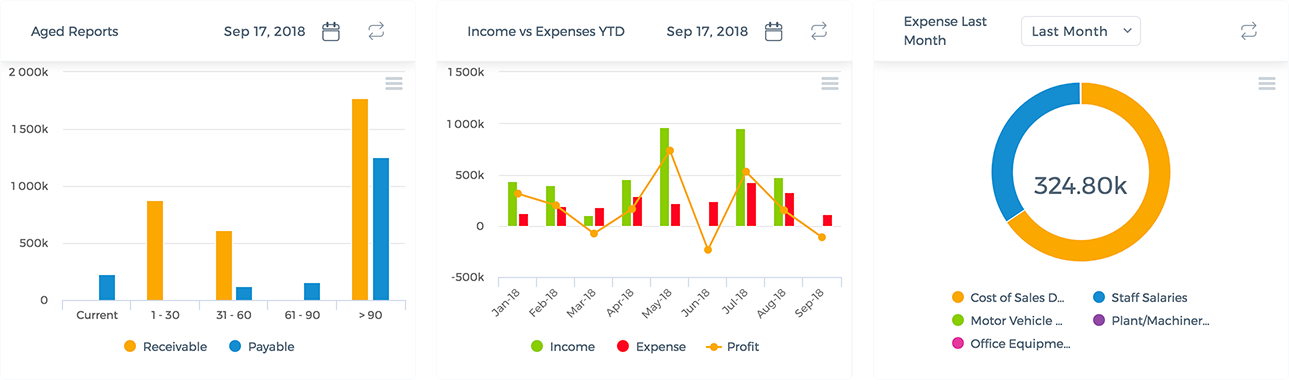 Aged Reports, Income vs Expenses, Expense Last Month Charts