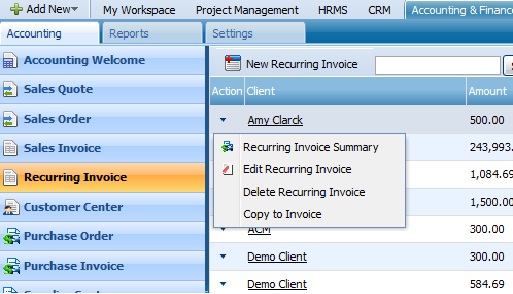 Recurring Invoice Action List