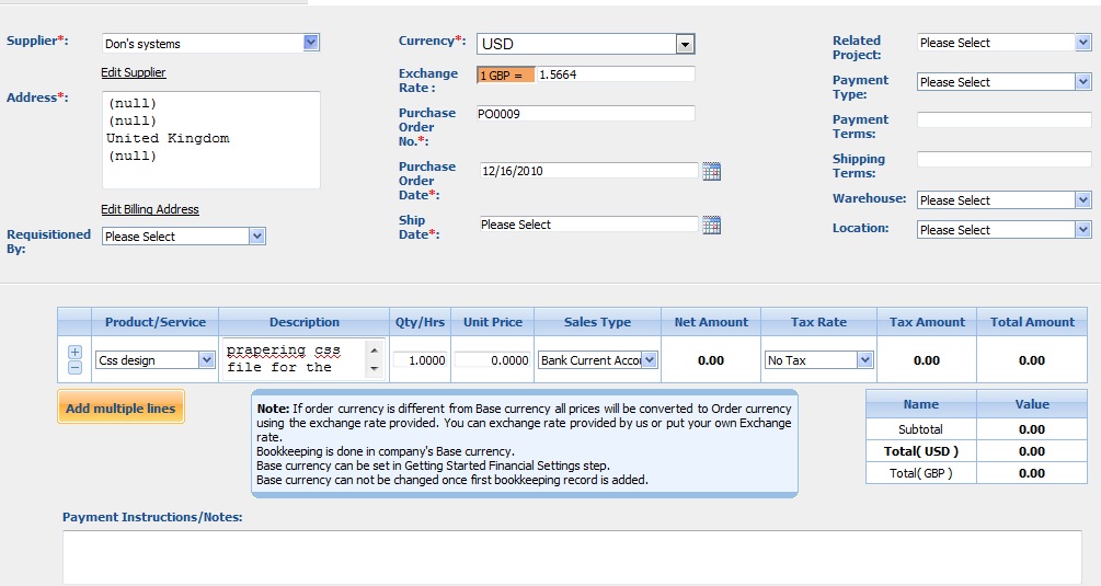 Add New Purchase Order