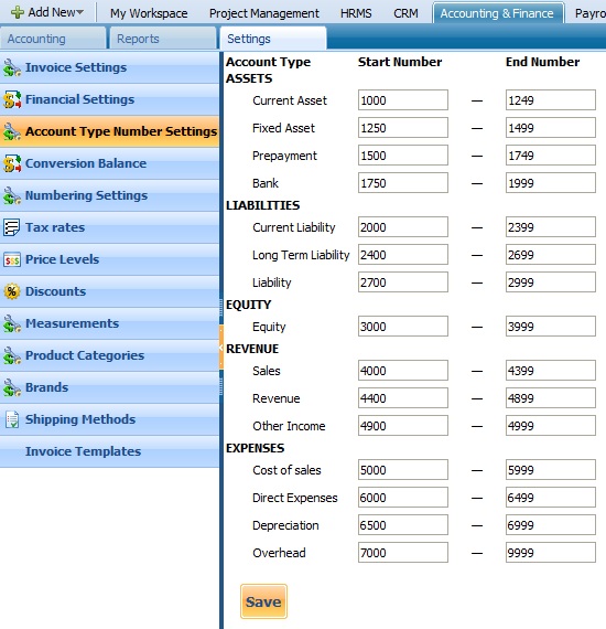 Account Type Number Settings