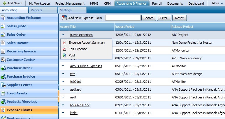 Expense/Report Claims Action List