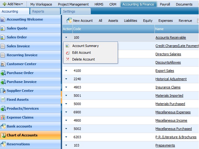 Chart Of Accounts Action List