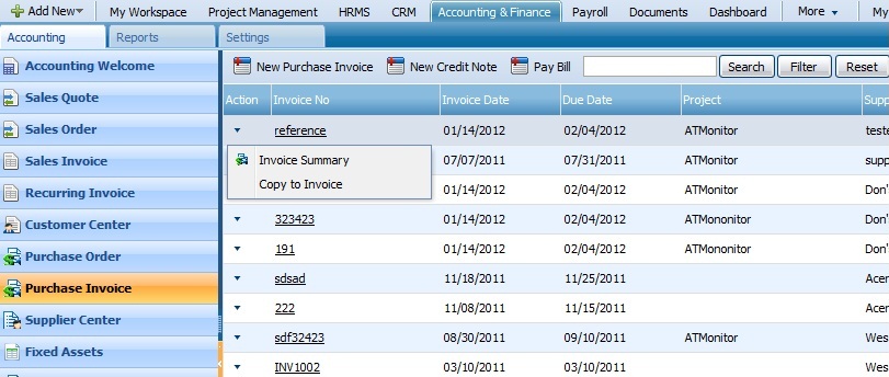 Purchase Invoice Action List