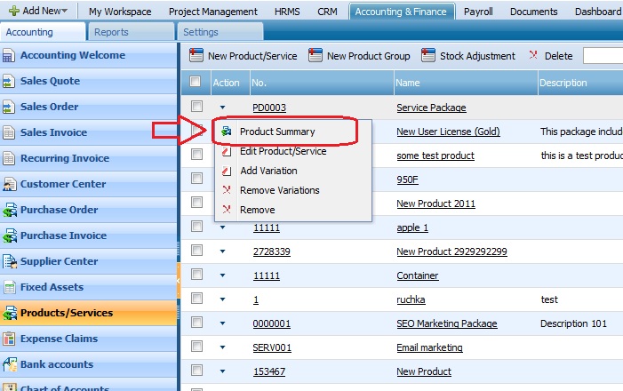 Product/Serevices Action List Product Summary