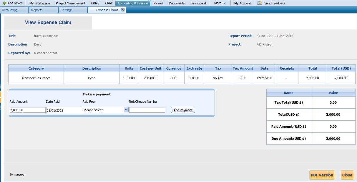 View Expense/Report Claim