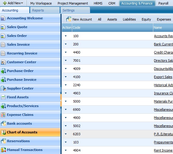 Chart Of Accounts Action List