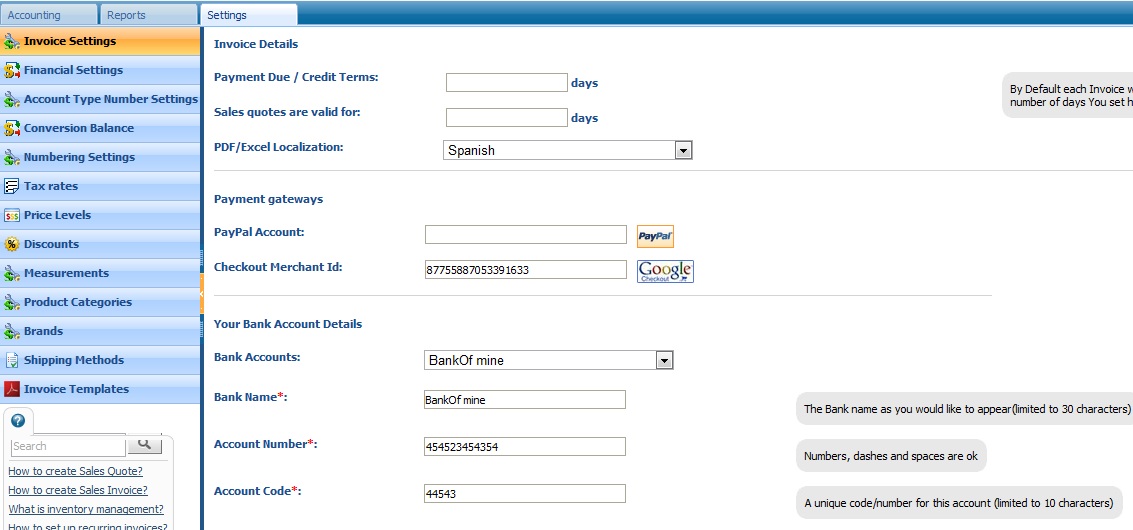 Invoice Settings