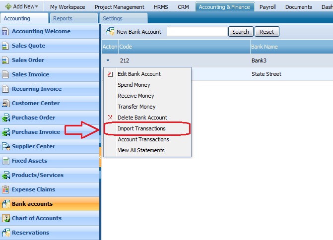 Bank Account Import Transactions