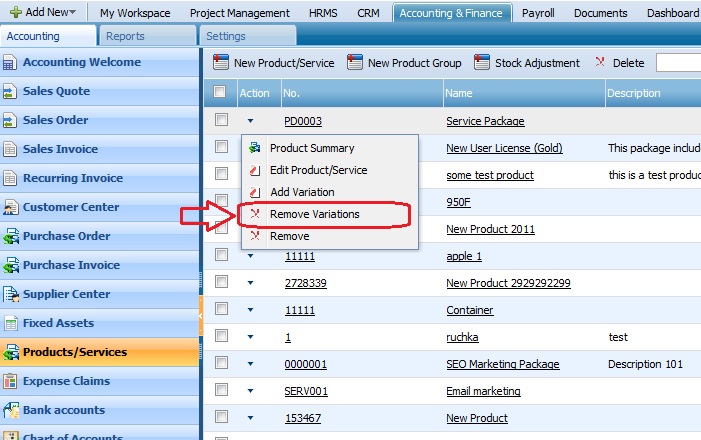 Product/Serevices Remove Variations