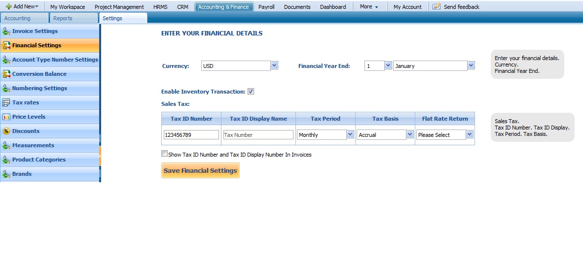 Financial Details Settings